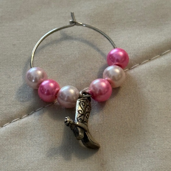 3/$15 Wine glass tag, stainless steel hoop, pink/white beads, cowboy boot charm - Picture 12 of 14